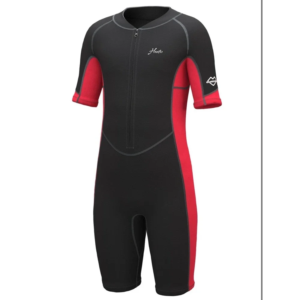 Hevto Wetsuit Shorty Kids Size 12 Black Red New Front Zip 2mm Neoprene Youth